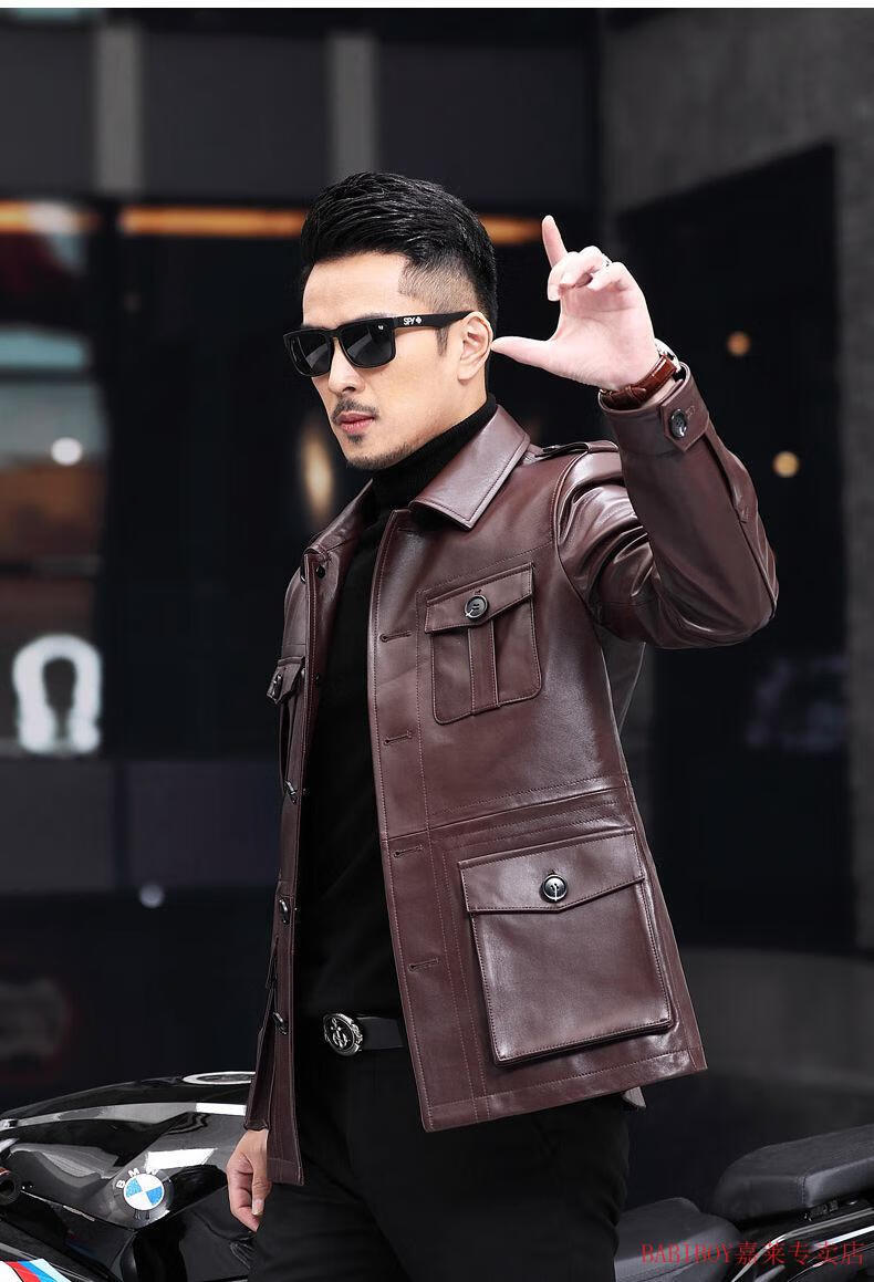 babiboy 海宁头层绵羊皮真皮皮衣男复古中山装春秋薄款男士休闲猎装皮