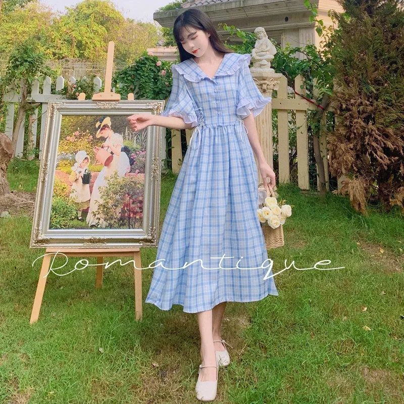 加码蓝色格子裙感小个子连衣裙时尚盐系女穿搭夏 蓝格绑带收腰裙 4xl