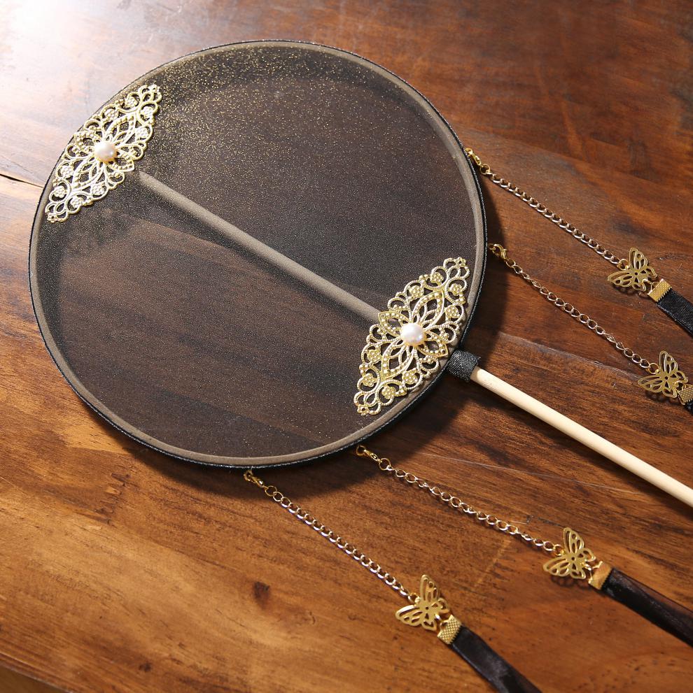 扇子古风圆团扇成品烫金红白黑长柄汉服拍照道具宫扇古风扇礼物长柄