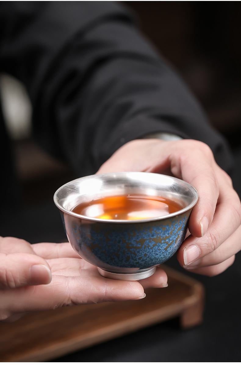 浮翠蓝玉银杯子天目窑变金斑陶瓷功夫茶具品茗杯喝茶主人银杯浮翠蓝玉