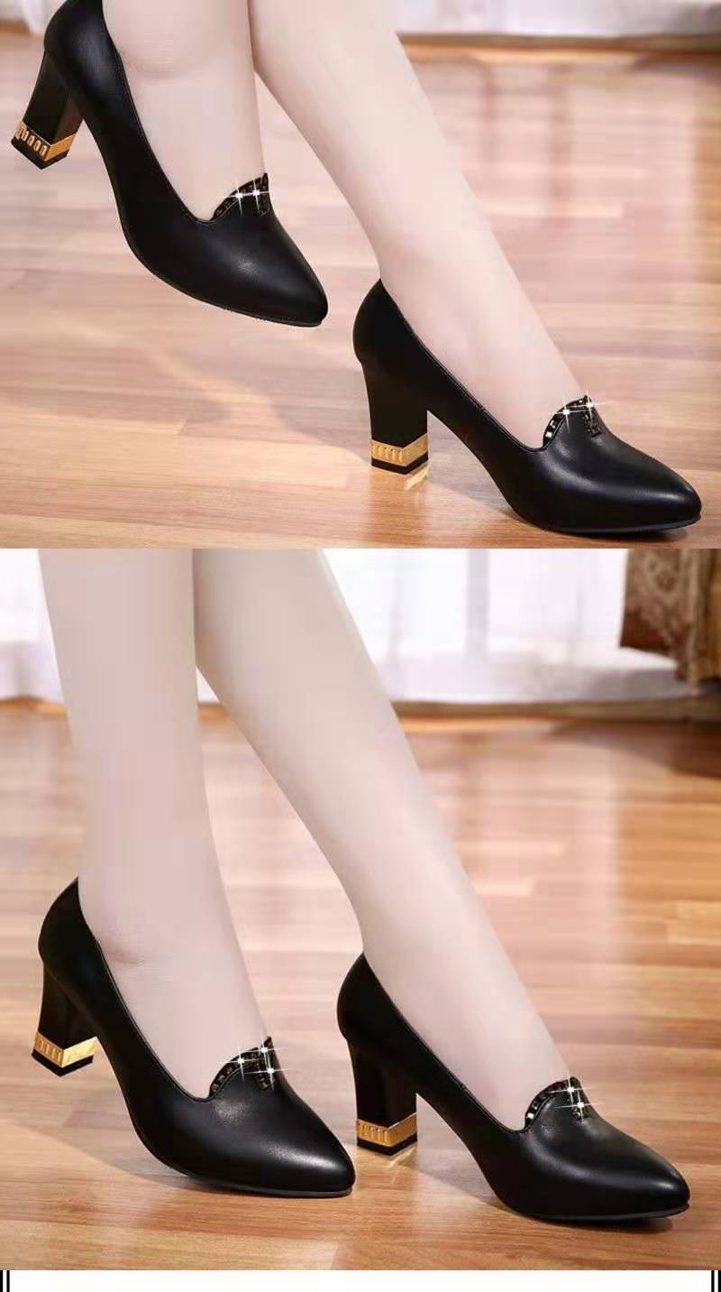 中老年半高跟鞋妈妈妇女春夏款高根单鞋女粗根春秋新尖头休闲鞋软皮软