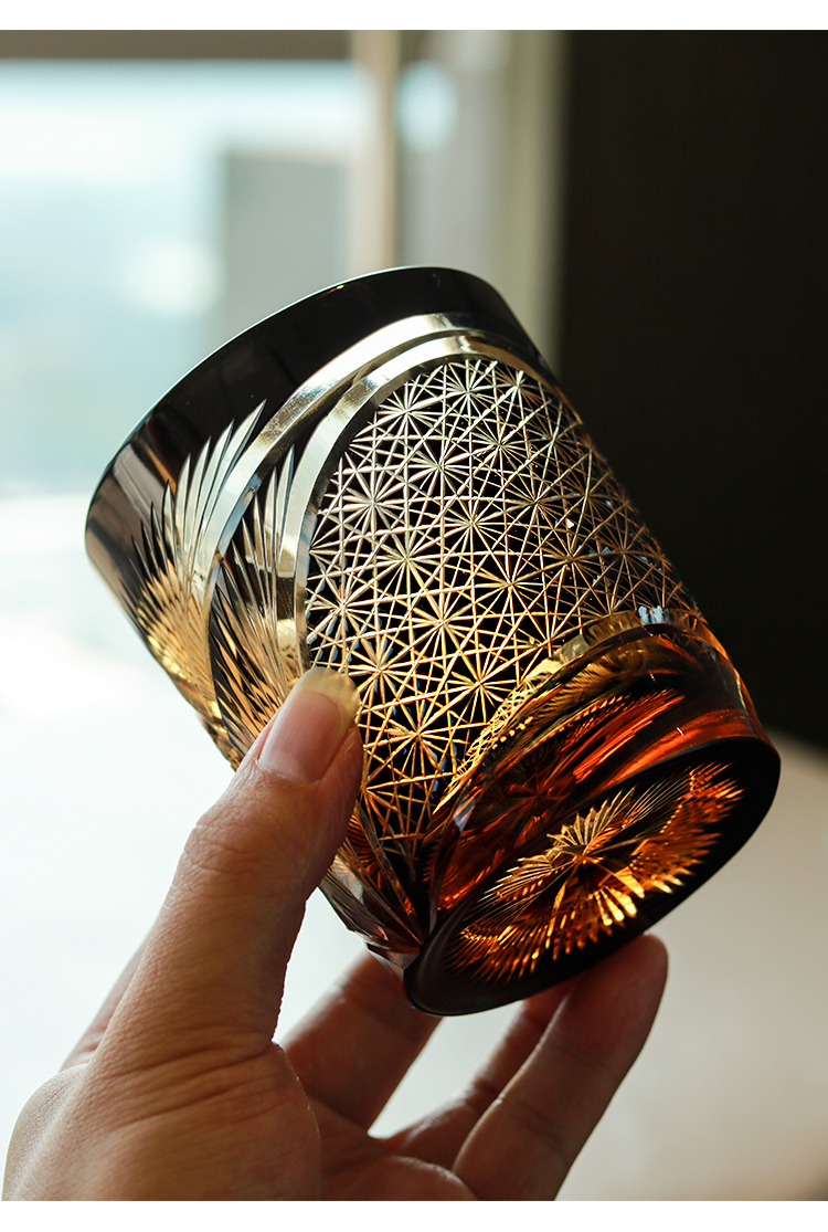 江户切子水晶杯七宝切子手工菊纹玻璃杯酒具 日式雕花琥珀杯 江户切子