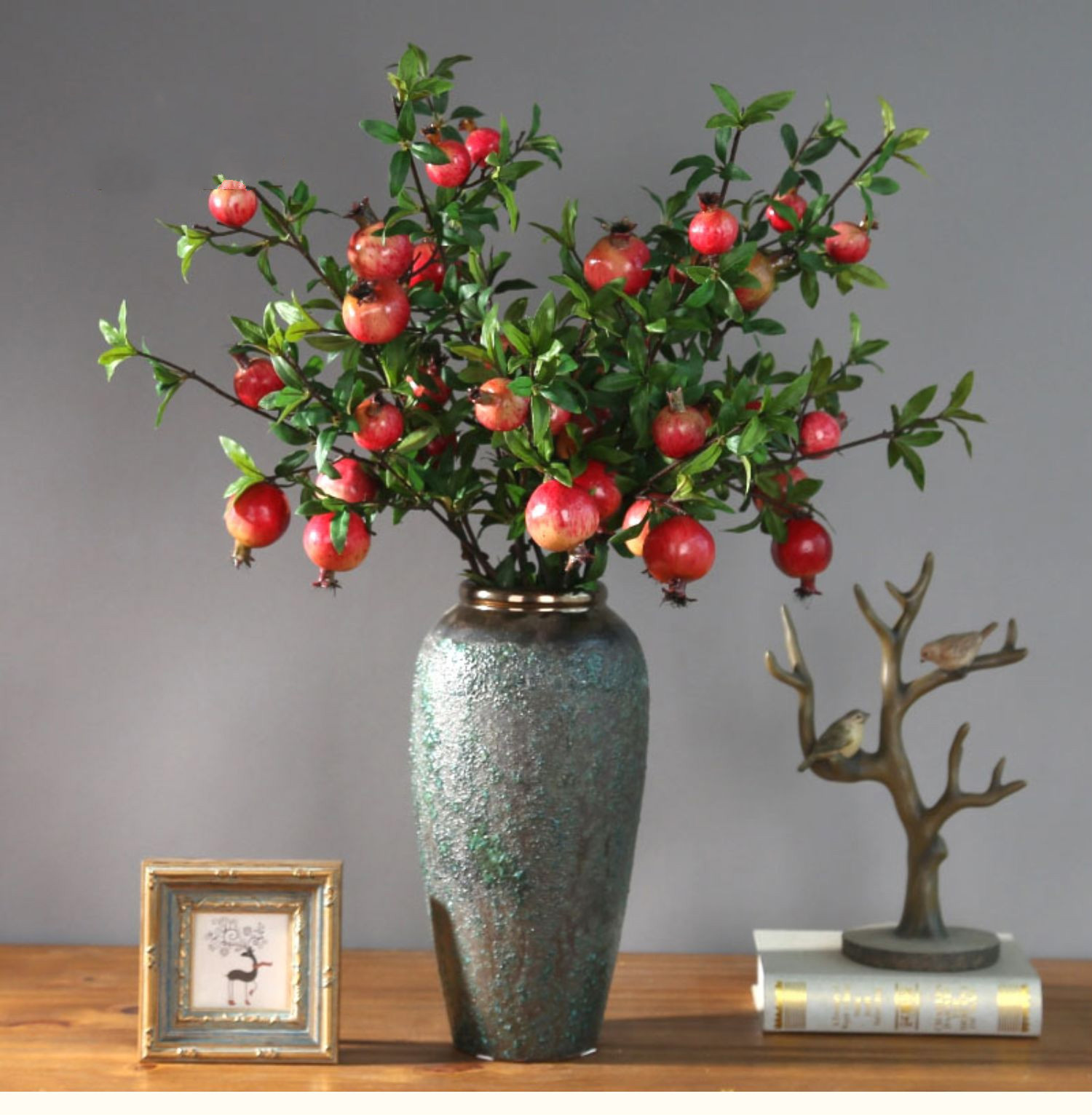 石榴果仿真花复古陶瓷花瓶摆件家居客厅插花仿真花仿真石榴果树枝发财