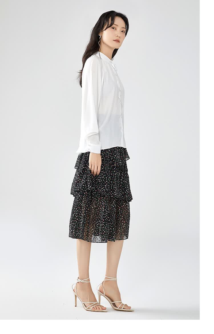 艾莱依2020年春季新款甜美荷叶边半身裙印花雪纺裙女6019aa35008 米底