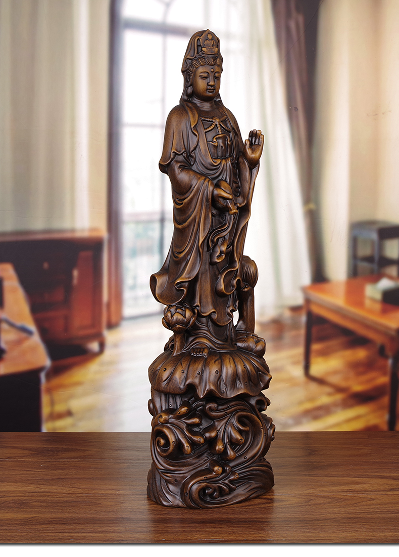 摘宝楼雕像摆设送人观世音菩萨佛像创意木雕观音摆件大号供奉拜家用
