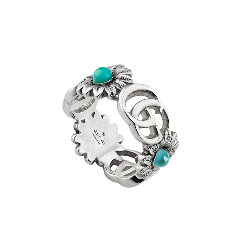 gucci古驰925纯银花朵镶嵌白色珍珠母贝绿松石蓝色托帕石戒指527394j8