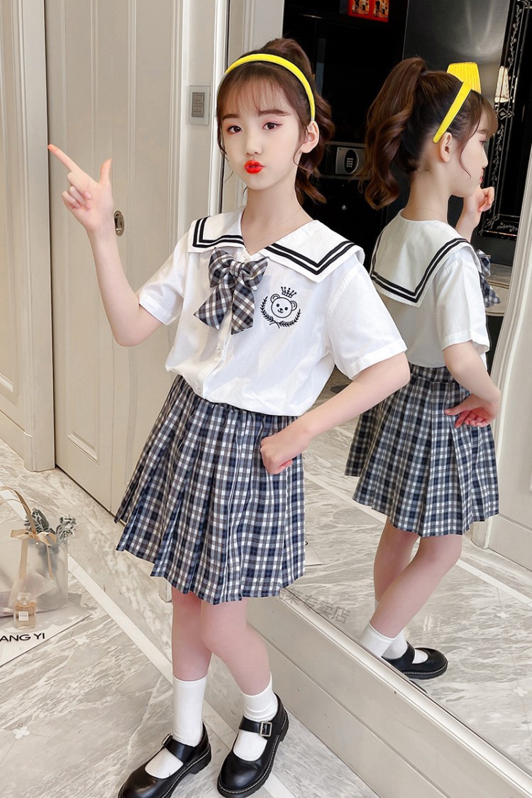 迪士尼童装同款儿童jk水手服套装夏装少女格子裙子女童学院风小学生
