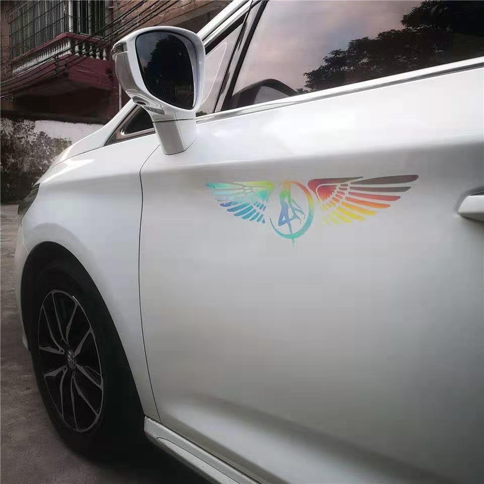 七彩镭射天使翅膀反光车贴25cm50cm车身logo车标随意贴纸车门饰贴