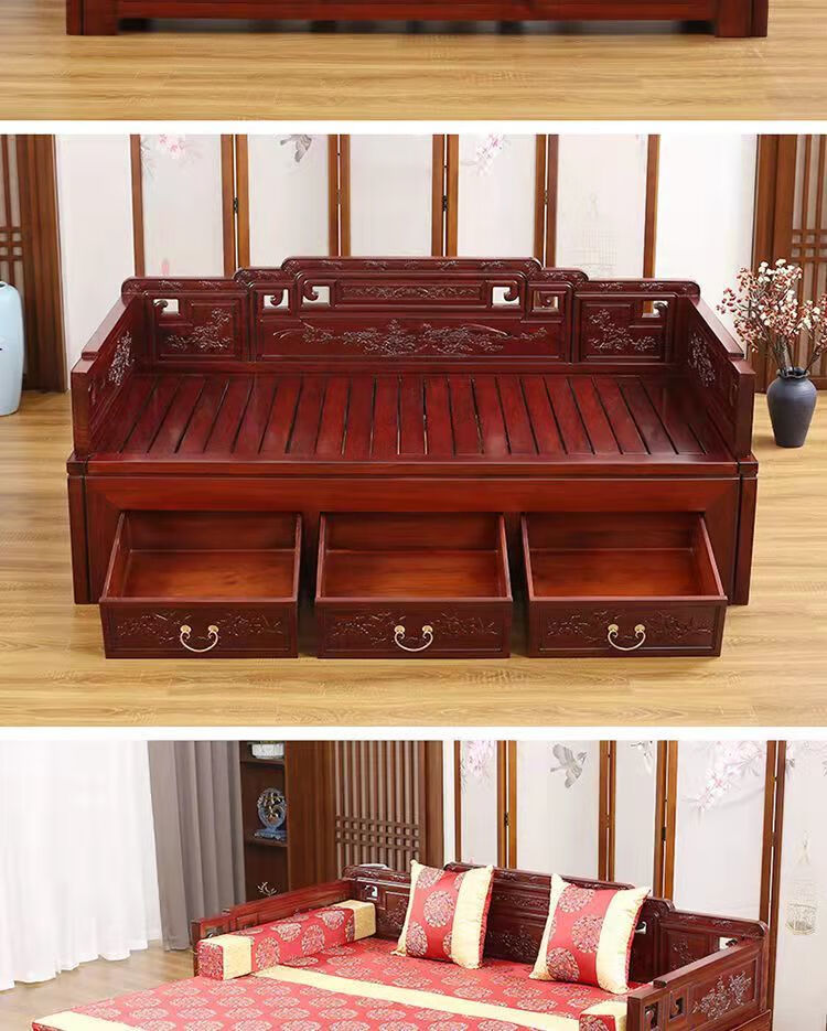 罗汉床推拉式推拉罗汉床实木老榆木新中式仿古禅意榫卯小户型伸缩沙发
