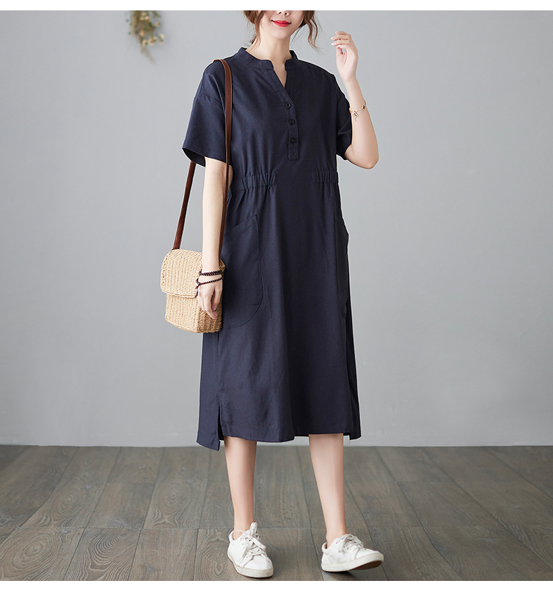 bzmq麻料直身群中老年棉麻直筒连衣裙短袖女夏天穿的遮肚显瘦 杏色 m