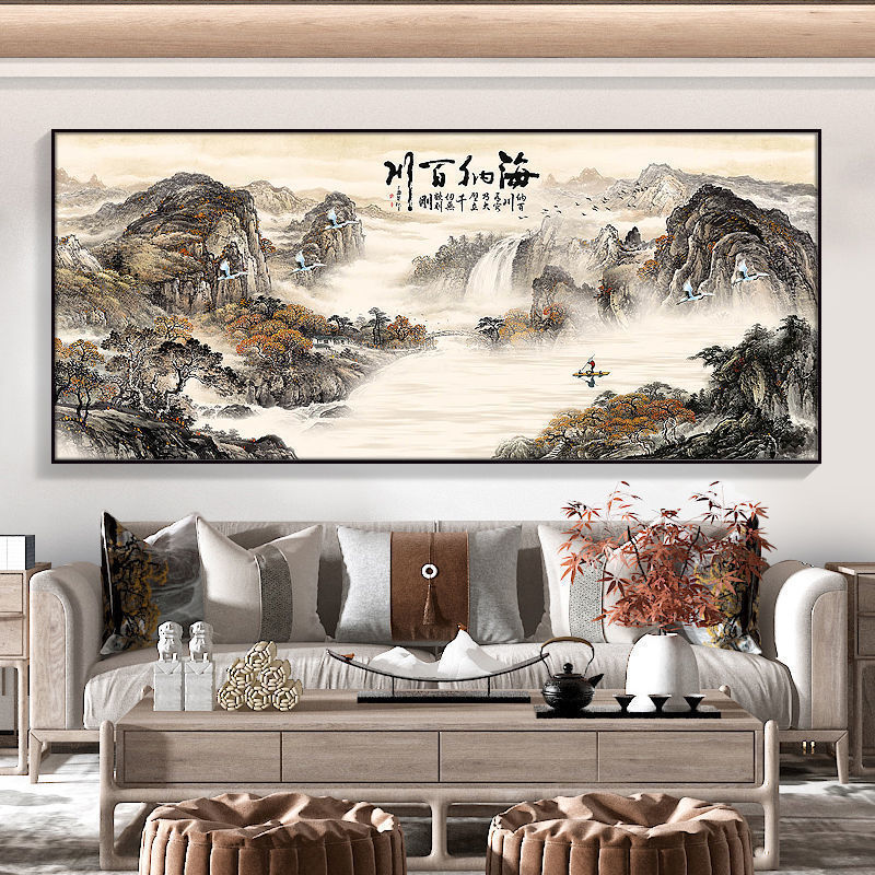 版水墨山水挂画酒店办公室现代壁画12款流水生财1米240黑色ps框油画布