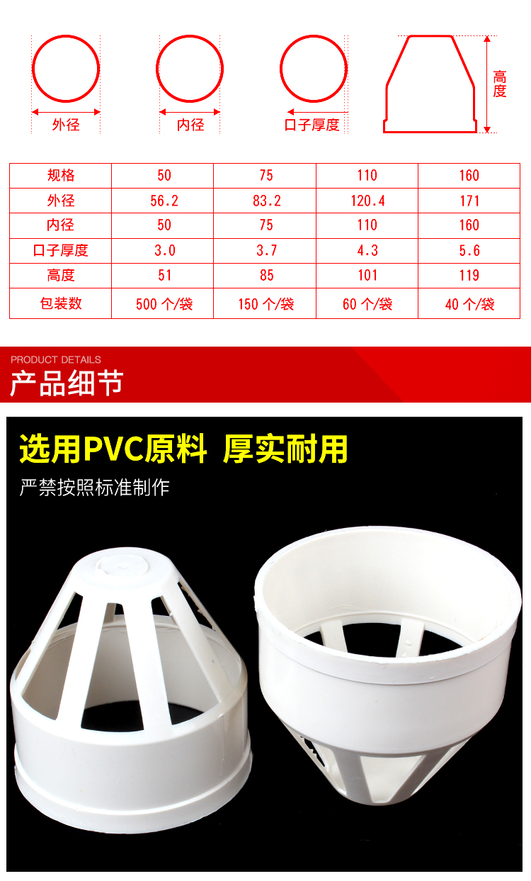 pvc透气帽排水管透气网罩将给水pvc下水管配件5075110160琼羽50mm透气