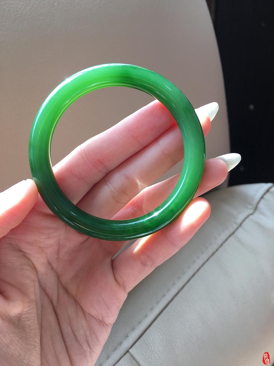 依惜 和田玉碧玉手镯满绿冰底翠绿色玉镯子女 满色辣绿圆条玉石手镯