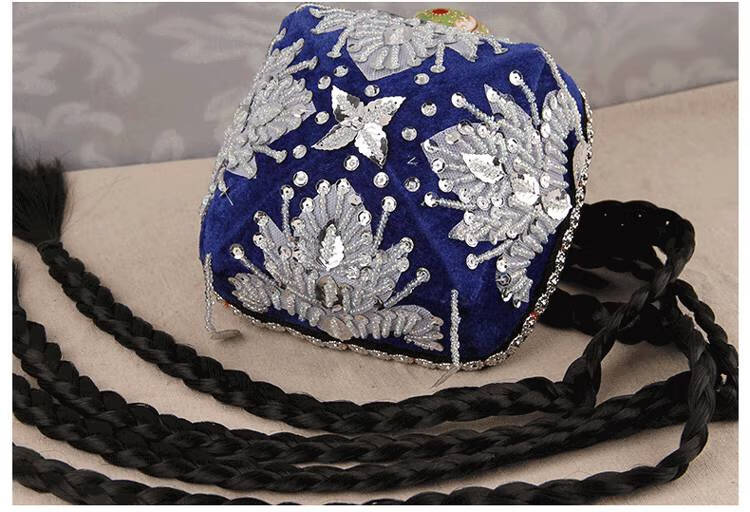 新疆舞蹈演出帽 新疆雪莲花帽维吾尔族帽子女新疆舞头饰带辫子舞蹈