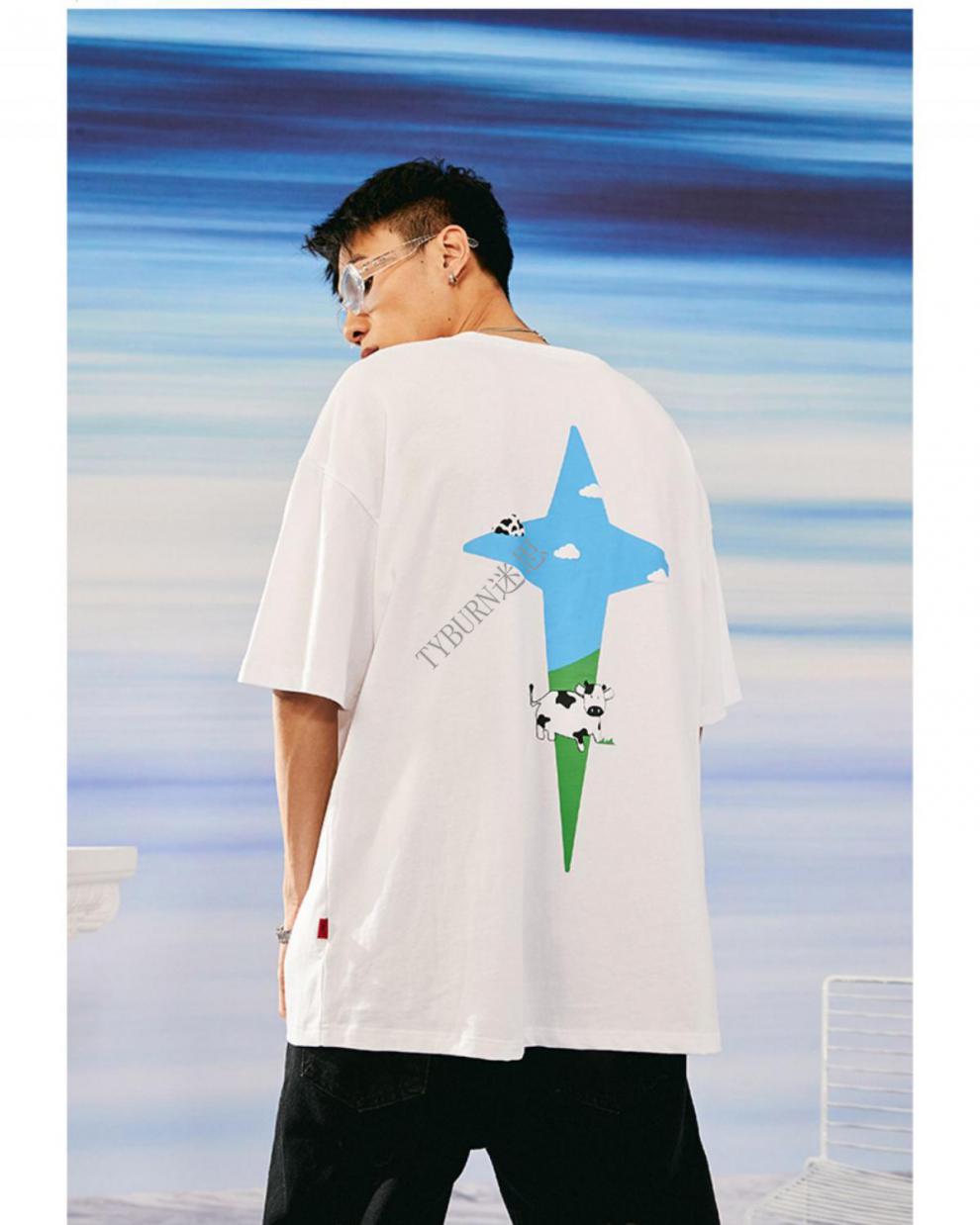 grkc奶牛十字星短袖潮流街头印花宽松国潮牌男女五分袖t恤夏新款 白色