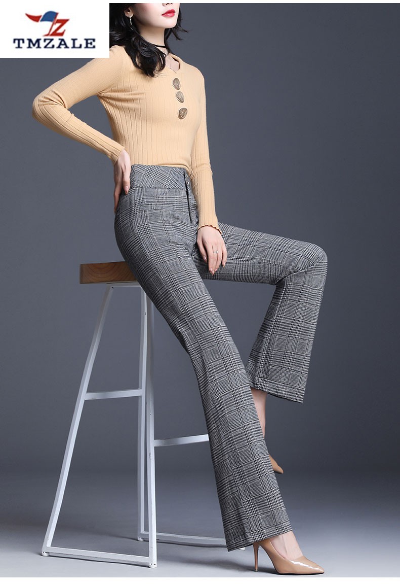 毛呢微喇裤女高腰格子裤秋冬新款喇叭裤显瘦休闲裤直筒长裤 格纹 m/27