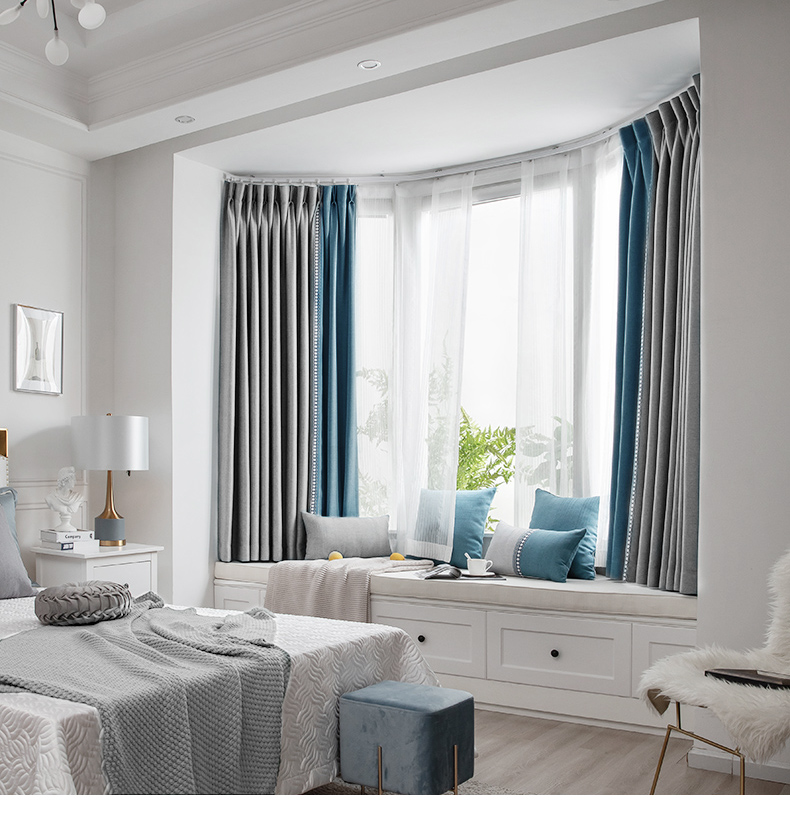 飘窗帘u型2022新款飘窗窗帘半帘短帘卧室北欧简约棉麻遮光免打孔安装