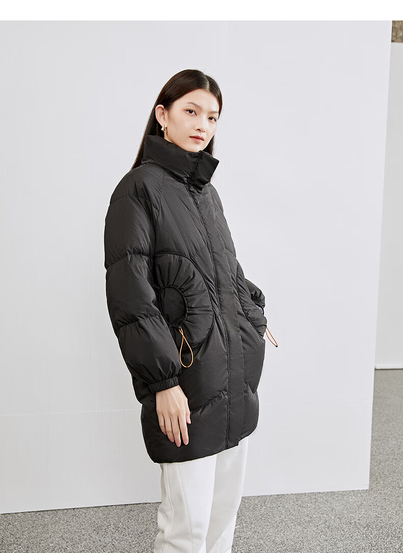 艾莱依2021年新款设计感中长款羽绒服女冬季鸭绒立领圆形几何外套