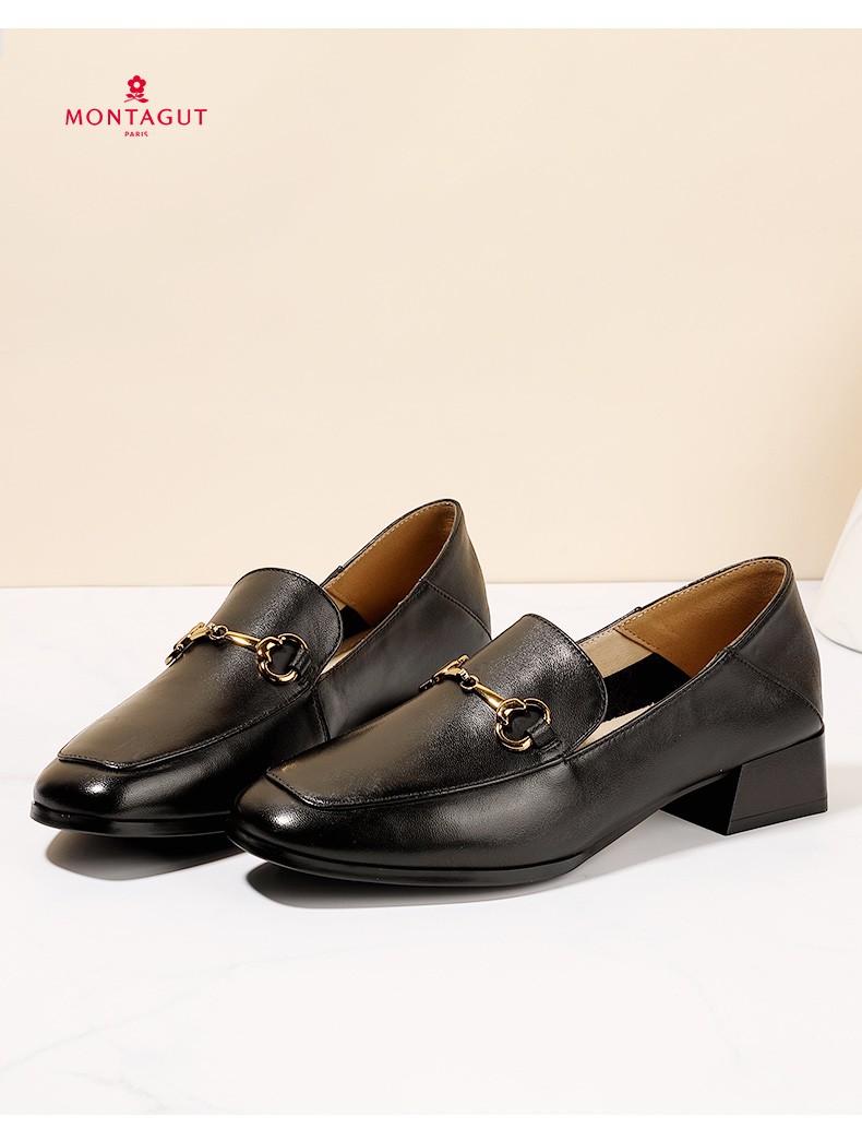 法国montagut梦特娇春夏季单鞋女通勤百搭乐福鞋尖头粗跟中跟浅口皮鞋