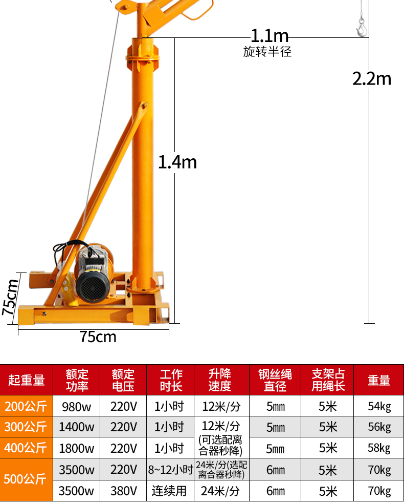 吊机家用提升机小型电动葫芦220电机建筑装修上料机升降起重机500公斤