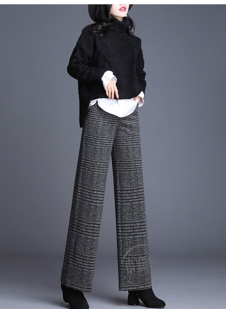格子毛呢阔腿裤女2020高腰秋冬加厚加绒显瘦时尚宽松垂感直筒裤子