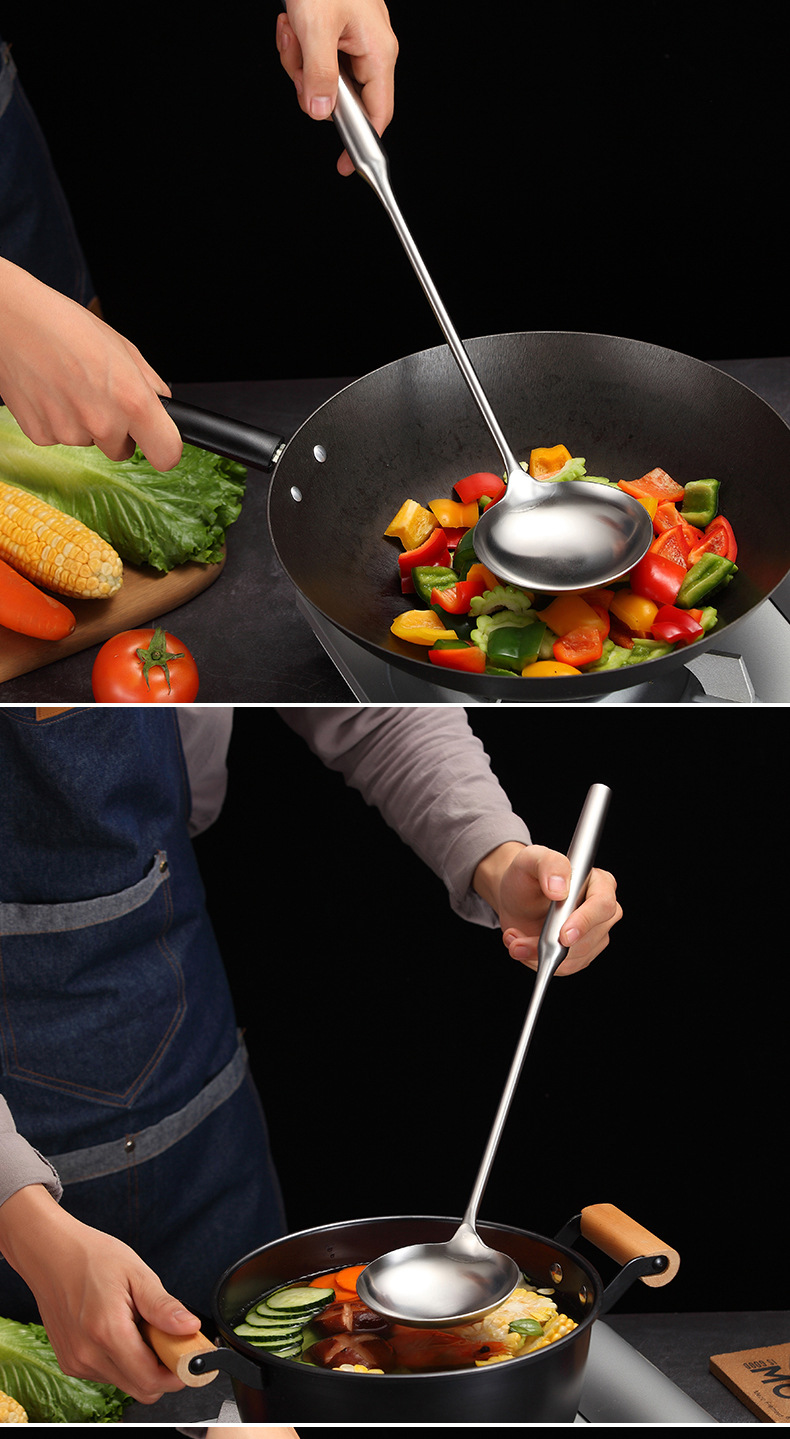 不锈钢炒勺炒菜勺加厚隔热防烫手柄厨师勺汤勺长柄 小号(43cm*8.5cm)