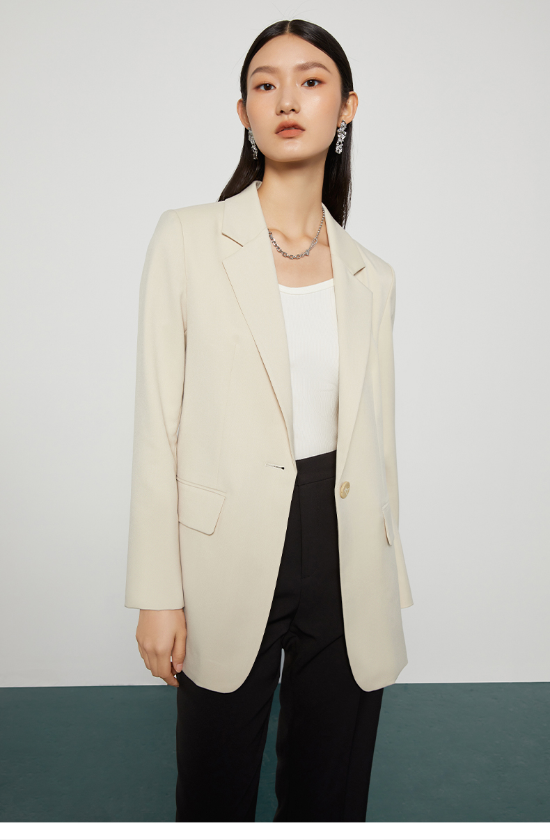 曼德诗米色西装外套女2022春季时尚垫肩气质高级感职业通勤西服米色m