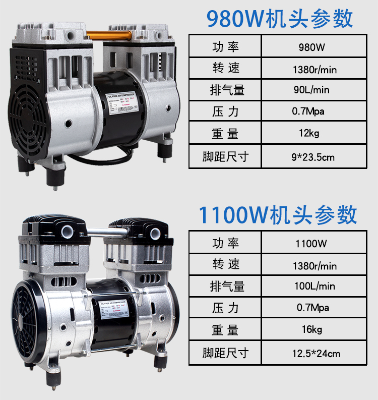 原装无油静音空压机机头550w750w1100w泵头真空泵抽气泵铜 600w铜线