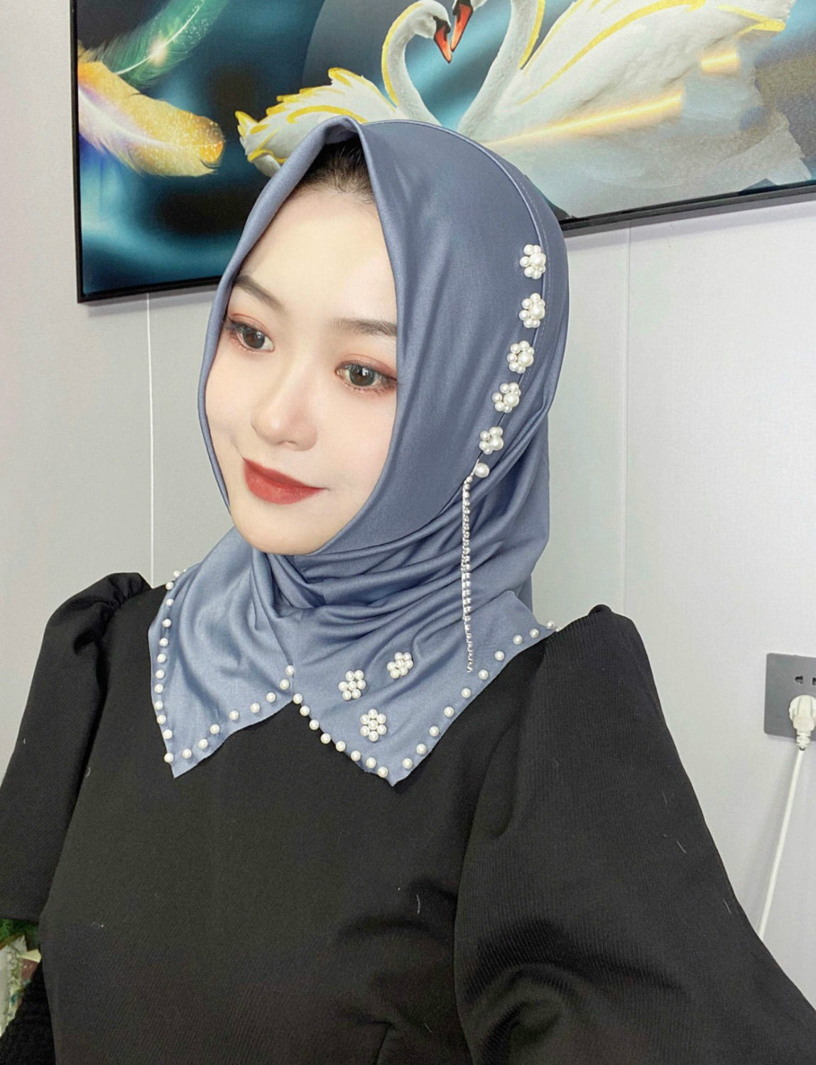 芭雅莲回族女人的套头纱新款小帽檐纱巾套头钉珠流苏头套方便盖头休闲