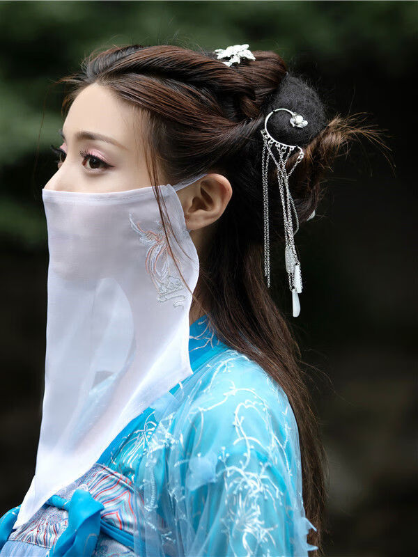 君吻 面纱古风新款古风绣花面纱古装汉服古代仙女超仙飘逸刺绣遮脸珠