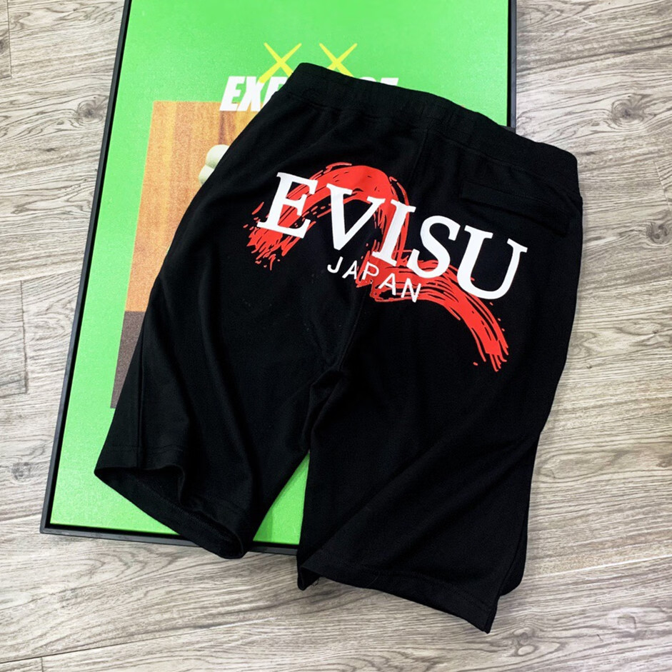 夏季新款evisu福神短裤男海鸥家花印花运动休闲宽松五分裤潮 黑色 s
