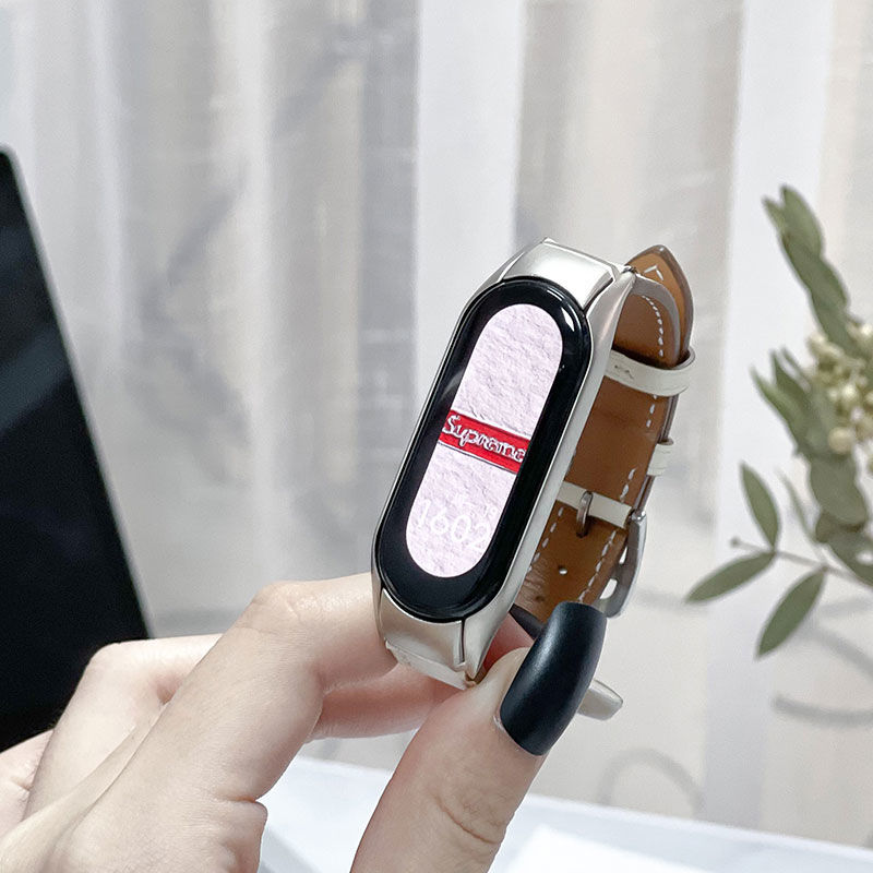 hkxa适用小米手环6表带皮质345腕带真皮个性时尚男女ins双钉反扣皮带