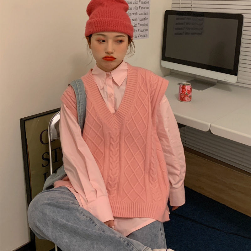 毛衣女春秋外穿马夹宽松慵懒风叠穿白色无袖上衣冬粉色马甲s7085斤