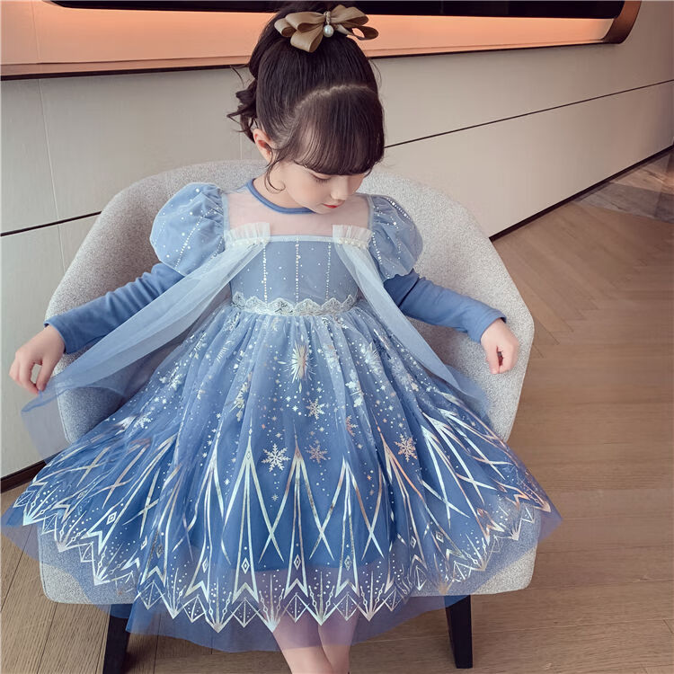 爱莎公主裙秋款2021新款儿童裙子冰雪奇缘小女孩洋气裙蓝色长袖100