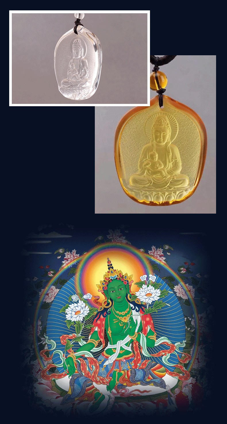 檀福匠 绿度母琉璃吊坠 项链尼泊尔佛教饰品 心咒唐卡男女佛牌挂件
