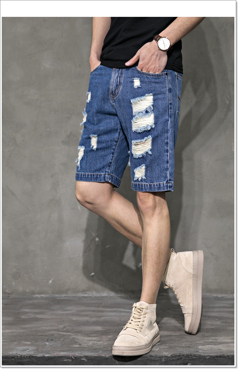 男生短裤夏天五分夏季破洞牛仔短裤男潮直筒五分裤男宽松烂牛仔裤5分