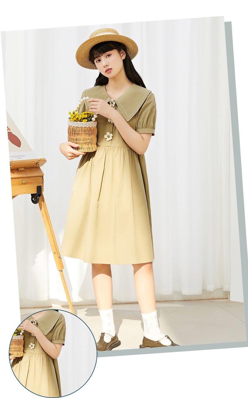 紫涵撞色花朵连衣裙女小众设计感翻领中长裙2022夏季新款收腰裙子米色