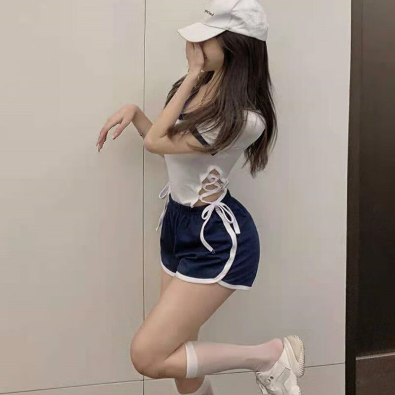 圣塔运动连体女运动短袖一体式体操服女上衣绑带连档开叉恤日系紧身衣