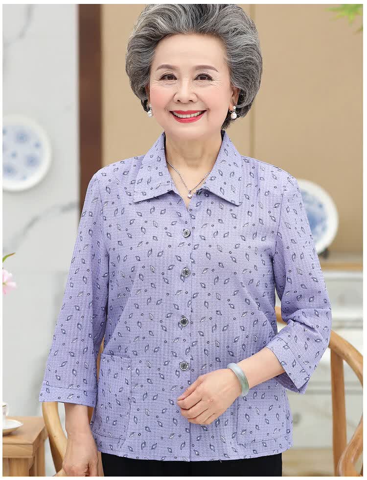 老奶奶碎花长袖衬衫奶奶装夏装中老年人女妈妈衬衣老妈套装老人衣服