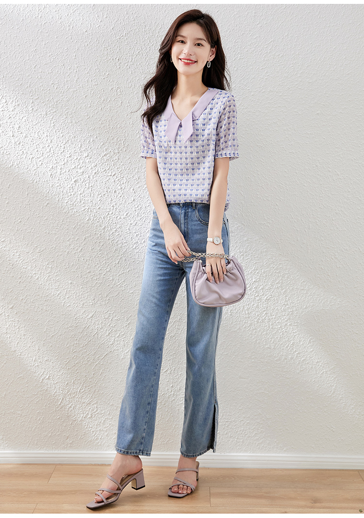 熙世界别致漂亮雪纺小衫2022夏款女士短袖时尚印花v领仙气上衣丁香紫s