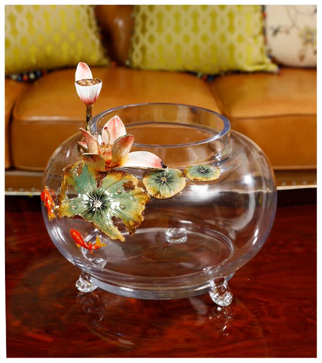 珐琅彩圆形玻璃大鱼缸客厅桌面小型装饰摆件创意养金鱼乌龟缸恒缘荷气