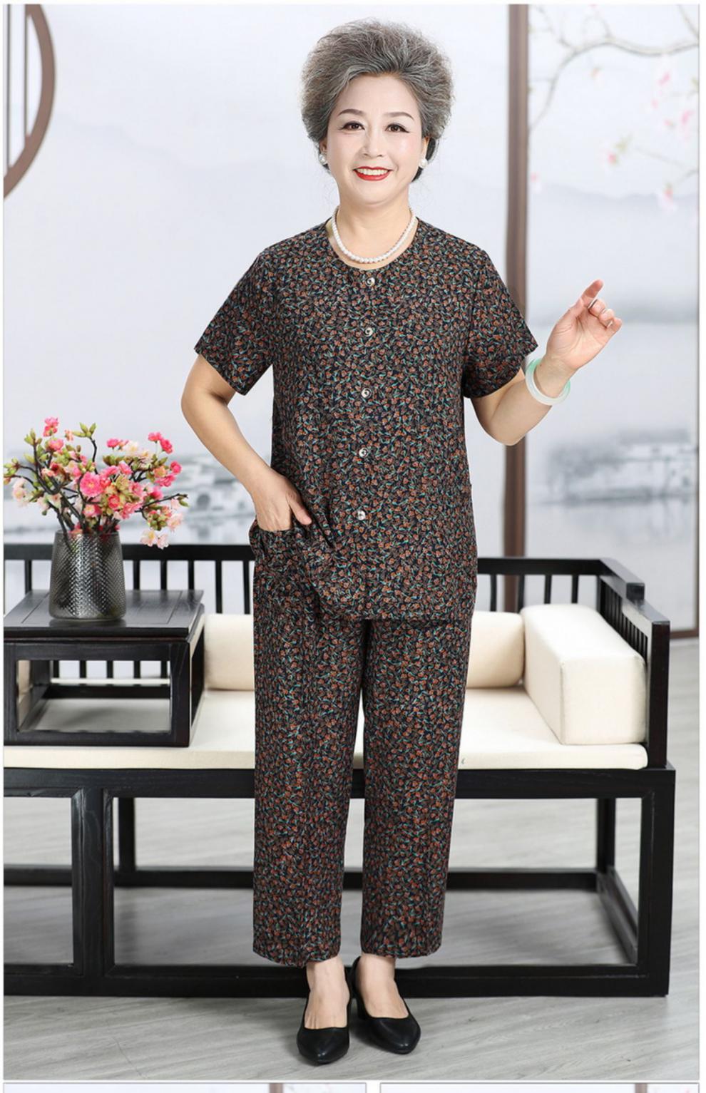 老太太睡衣女士纯绵绸衣服两件套装奶奶夏季短袖长睡裤棉绸开衫70岁