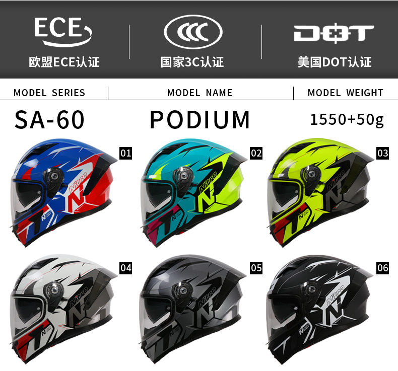 英国nitro摩托车头盔男女四季防雾蓝牙赛机车全盔大尾翼个性酷跑 等量