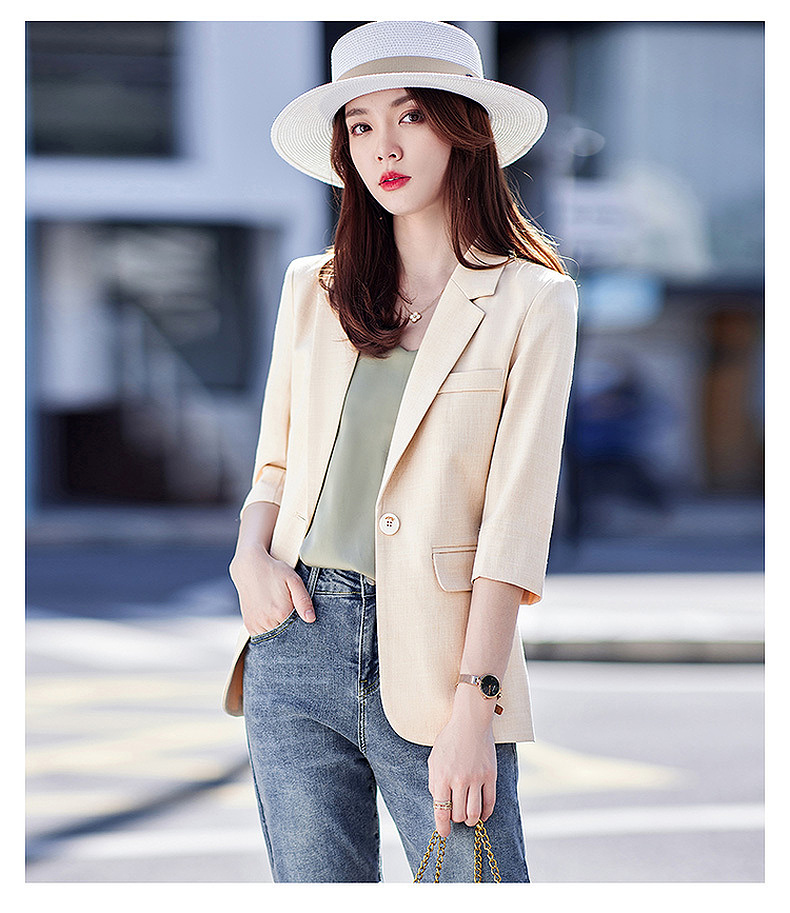 秦菲杏色小西装外套女夏季薄款2022新款修身显瘦一粒扣小个子休闲百搭