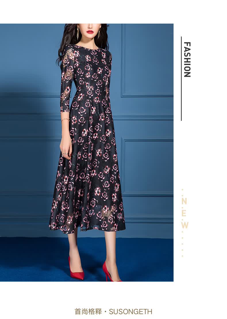 首尚格释蕾丝连衣裙女秋2020新款黑色七分袖收腰显瘦碎花大摆裙子f644
