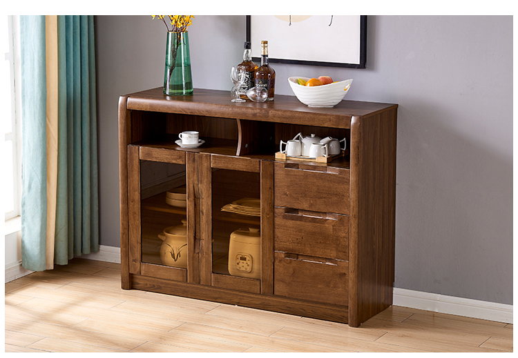 新中式餐边柜半实木碗柜储物柜餐厅备餐柜客厅茶水柜现代胡桃木色新颖
