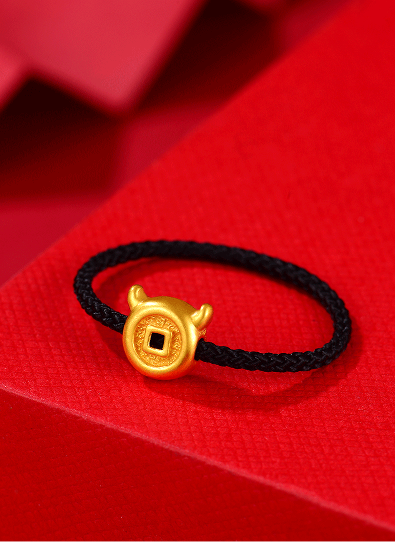 老凤凰牛年本命年足金生肖牛转运珠黄金戒指男女款编织绳指环3d硬金戒