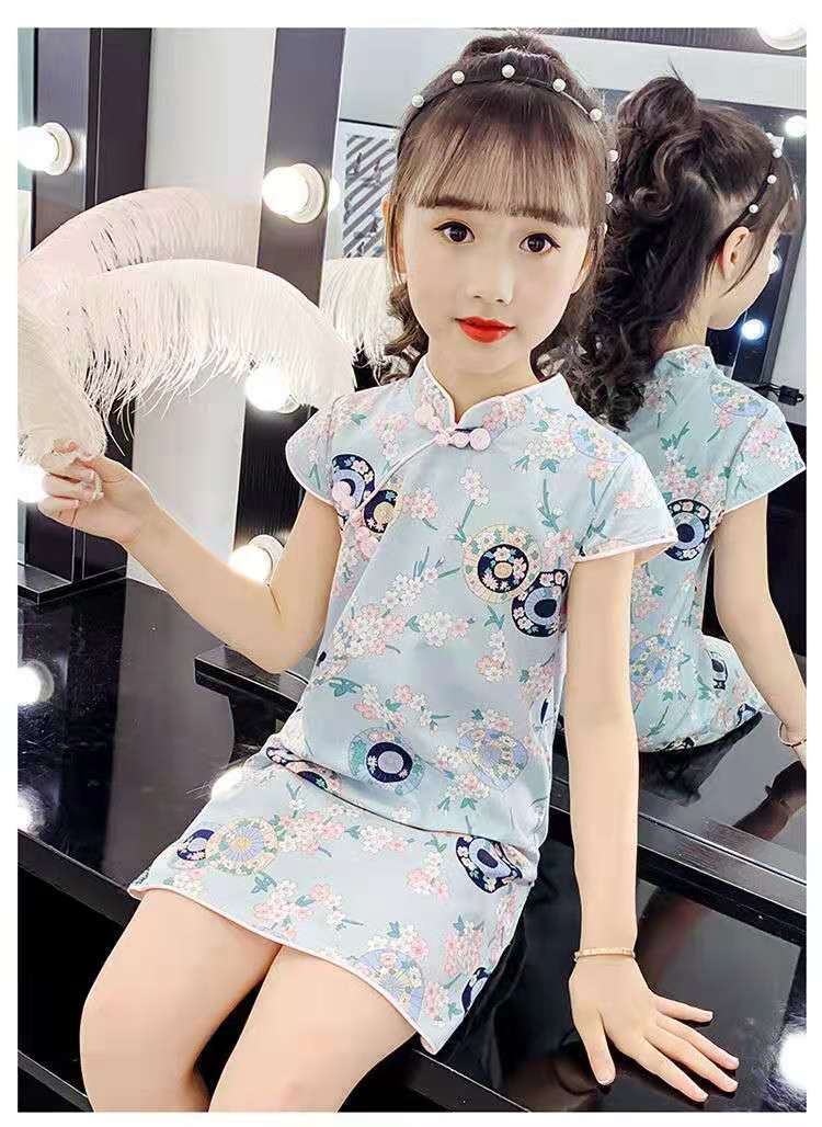 史努比童装3-12岁儿童短袖旗袍夏季新款潮中国风汉服女宝宝碎花复古