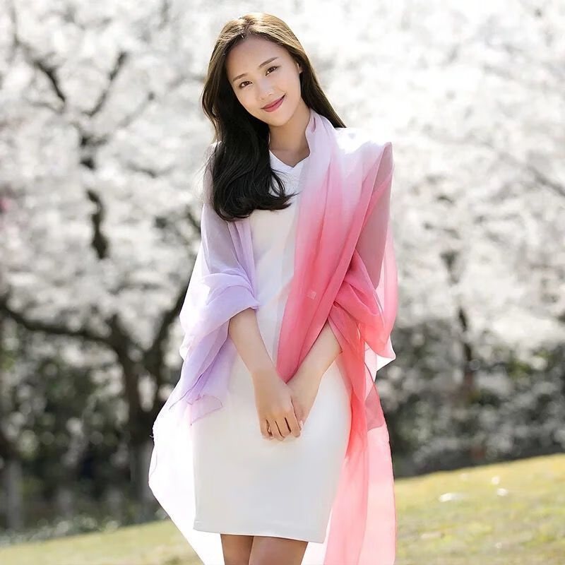 珺画夏季薄款户外防晒渐变丝巾旅游拍照海滩旅行百搭枣粉渐变