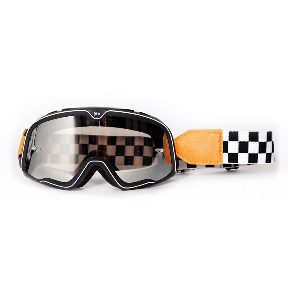 复古黑白棋盘格摩托车风镜34头盔骑士护目镜滑雪通用透明镜片风镜